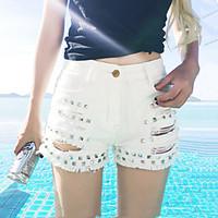 Women\'s Mid Rise Micro-elastic Jeans Shorts Pants Street chic /Sexy Straight Holes /Tassel /Rivet Solid