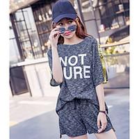 Women\'s Casual/Daily Simple Street chic Summer T-shirt Pant Suits, Solid Polka Dot Round Neck Short Sleeve Micro-elastic