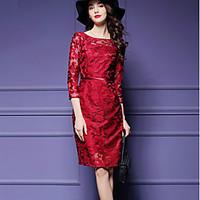 Women\'s Lace Casual/Daily / Party Street chic Shift Dress, Solid Round Neck Knee-length ¾ Sleeve Blue / Red Polyester