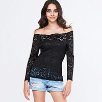 Women\'s Off The Shoulder/Lace Vogue Lace Bateau Long Sleeve Hollow Out Lace T-shirt