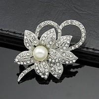 Women\'s White Rhinestone Crystal Pearl Flower Brooch for Wedding Party, Fine Jewelry