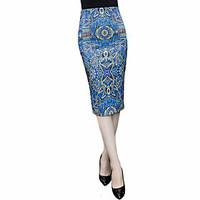 Women\'s Print Blue Skirts, Plus Size Knee-length