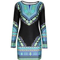 Women\'s Boho Fashion National Print Round Long Sleeve Slim Dress