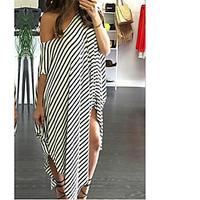 Women\'s Casual/Daily Simple Loose Dress, Striped Off Shoulder Maxi Short Sleeve Cotton Summer Mid Rise Micro-elastic Medium