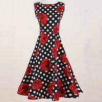 womens vintage slim polka dot rose print sleeveless swing dress