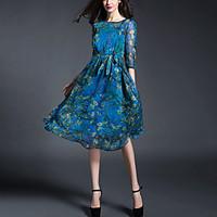 Women\'s Casual/Daily Beach Street chic Sheath Chiffon Dress Print Knee-length Length Sleeve Blue Polyester Spring /Summer