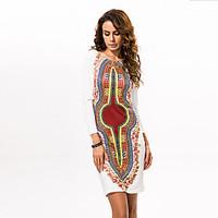 Women\'s Boho Casual/Daily T Shirt Dress, Print Round Neck Above Knee Long Sleeve Spandex Spring Summer Mid Rise Stretchy Thin Medium