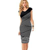 Women\'s Fine Stripe Party Club Bodycon Dress, Striped Color Block Boat Neck Above Knee Sleeveless Modal Summer Mid Rise Stretchy Thin