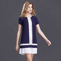 Women\'s Casual/Daily Simple Shift Dress, Color Block Round Neck Above Knee Short Sleeve Polyester Spring Summer Mid Rise Micro-elastic