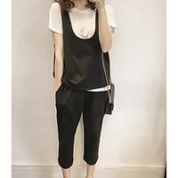 womens daily artistic summer t shirt pant suits solid round neck short ...