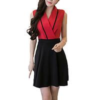 Women\'s Casual/Daily Sexy A Line Dress, Patchwork V Neck Mini Sleeveless Red / White / Black Cotton Summer
