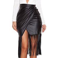 Women\'s Tassel Black High Waist Faux Leather Fringed Skirt