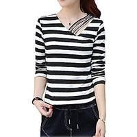Women\'s Casual/Daily Simple Fall / Winter T-shirtSolid / Striped V Neck Long Sleeve White / Black / Yellow Cotton Thin