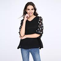 Women\'s Casual/Daily Plus Size Simple Summer Blouse, Polka Dot V Neck Short Sleeve Thin