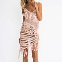 Women\'s Tassel Bandeau Cover-Up, Tassels Solid Roman Knit Spandex Pink