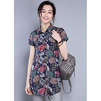Women\'s Casual Chinoiserie Summer Shirt, Floral Shirt Collar Short Sleeve Cotton Medium