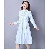 Women\'s Going out Casual/Daily Work Vintage A Line Dress, Solid Stand Midi Long Sleeve Linen Spring Summer Mid Rise Inelastic Medium