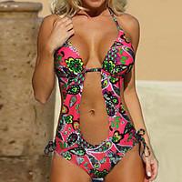 Women\'s Boho/Plunging Vintage Style Colorful Flowers Print Push Up Padded Swimwear