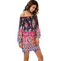 Women\'s Off The ShoulderFlare SleeveBoho Boat Neck Vintage / Exotic Wind Print Sexy Seaside Beach Dress