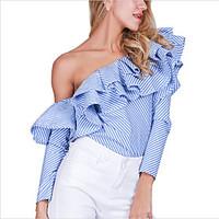 Women\'s RuffleOff The Shoulder Formal Party/Cocktail Club Sexy Shirt, Striped Off Shoulder Long Sleeve Blue Cotton