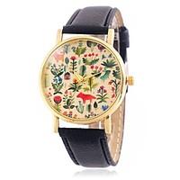 Women\'s Fashion Flower and Animal Pattern Wrist Quartz Watch with Leather Strap Golden Case