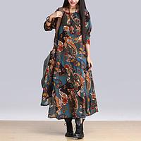 Women\'s Going out Holiday Loose Dress, Print Round Neck Midi ½ Length Sleeve Cotton Linen Spring Fall Mid Rise Micro-elastic Thin Medium