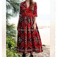 Women\'s Boho Going out Vintage Swing Dress, Geometric V Neck Maxi ¾ Sleeve Cotton All Seasons High Rise Inelastic Thin