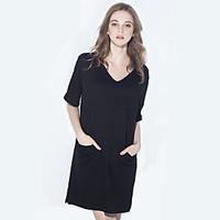 Women\'s Going out Casual/Daily Loose Little Black Skater Dress, Solid V Neck Asymmetrical Short Sleeve Cotton Summer Mid Rise Micro-elastic