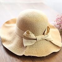 Women\'s Fashion Straw Hat Sun Hat Wide Brim Hat Cute Casual Solid Bowknot Beach Summer Black/Beige/Khaki