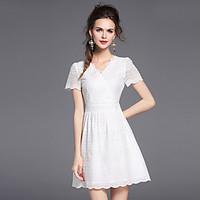 Women\'s Going out Simple Street chic Sheath Dress, Solid V Neck Above Knee Short Sleeve Cotton Spandex Summer Mid Rise Inelastic Medium