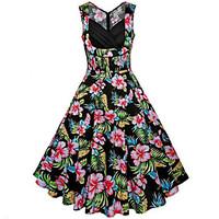 Women\'s Plus Size Going out Holiday Vintage Swing Dress, Floral V Neck Midi Sleeveless Cotton Summer Mid Rise Inelastic Medium