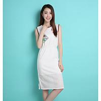 Women\'s Casual/Daily Cute A Line Dress, Geometric Round Neck Knee-length Sleeveless Cotton Summer Mid Rise Inelastic Medium