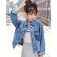 Women\'s Casual/Daily Simple Summer Denim Jacket, Solid Shirt Collar Long Sleeve Regular Linen
