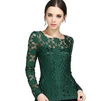 Women\'s Lace Patchwork Lace Slim All Match Fashion Street chic Simple Plus Size T-shirt, Round Neck Long Sleeve