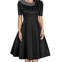 Women Vintage Dress Polka Dot O-Neck A-Line Short Sleeves High Waist Back Zipper Elegant Retro Dress