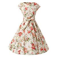 Women\'s Cap Sleeves Cream Flowers Floral Dress , Vintage Cap Sleeves 50s Rockabilly Swing Dress