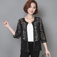 Women\'s Lace Casual/Daily Simple Summer Fall Jacket, Solid Round Neck ¾ Sleeve Short Cotton Lace