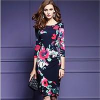 Women\'s Casual/Daily Simple A Line Dress, Floral Round Neck Knee-length ¾ Sleeve Silk All Seasons High Rise Inelastic Thin