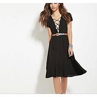 womens lace up casualdaily simple loose dress solid v neck knee length ...