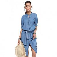 Women\'s Casual/Daily Simple Denim Dress, Solid Stand Knee-length Short Sleeve Cotton Summer Mid Rise Micro-elastic Medium