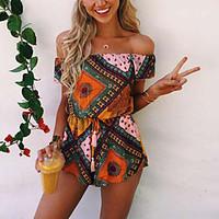 Women\'s Off The Shoulder High Rise Beach Holiday Off-The-Shoulder Casual RompersVintage Boho Slim Backless Print Summer Fall