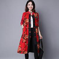Women\'s Holiday Boho Spring Coat, Floral Stand Long Sleeve Long Linen