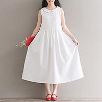 Women\'s Going out Beach Holiday Swing Dress, Solid Peter Pan Collar Midi Sleeveless Cotton Summer High Rise Micro-elastic Thin