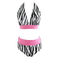 Women\'s Halter Animal Striped Sexy High Wasit Lace Up Bikini