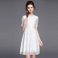Women\'s Casual/Daily Sexy Simple Lace Dress, Solid Round Neck Above Knee ½ Length Sleeve Cotton Nylon Summer Mid Rise Inelastic Medium