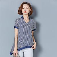 Women\'s Casual/Daily Simple Shirt, Striped V Neck Short Sleeve Cotton