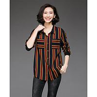 Women\'s Going out Casual/Daily Simple Spring Fall Blouse, Striped Shirt Collar Long Sleeve Polyester Opaque Medium