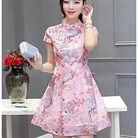 Women\'s Casual/Daily Simple A Line Dress, Floral Stand Above Knee Short Sleeve Polyester Summer High Rise Inelastic Medium