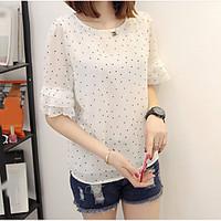 Women\'s Daily Cute Blouse, Solid Dots Round Neck Short Sleeve Chiffon