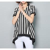 Women\'s Casual Simple Summer Blouse, Striped V Neck Short Sleeve Others Chiffon Medium